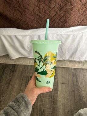 Starbucks Mint Green Tropical Leaf Reusable Tumbler with Straw plastic